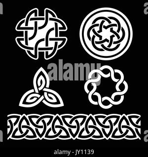 Irish Celtic noeuds, tresses et de motifs en blanc sur fond noir Vector set de symboles celtiques traditionnels, nœuds - monochorme Illustration de Vecteur