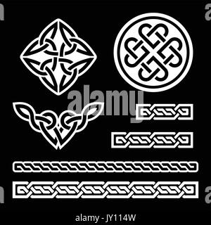 Irish Celtic noeuds, tresses et de motifs en blanc sur fond noir Vector set de symboles celtiques traditionnels, nœuds - monochorme Illustration de Vecteur