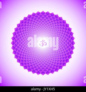 Septième couronne un vecteur Sahasrara chakra lotus mille pétales avec l'hindouisme sanskrit mantra Om de semences. Violet style plat symbole volumétrique avec colore Illustration de Vecteur