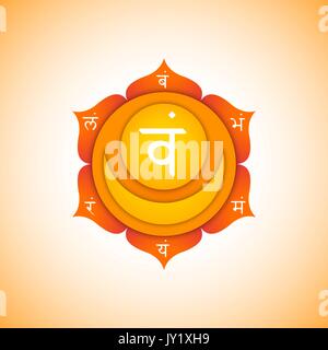 Deuxième scénario Svadhishthana chakra sacré avec l'hindouisme sanskrit mantra de semences et les syllabes de l'ACV sur les pétales de lotus. Télévision orange style symbole volumétrique wi Illustration de Vecteur