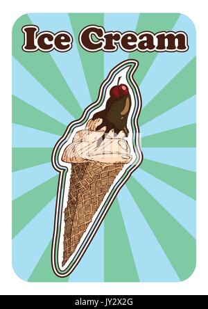 Vector illustration d'une crème glacée à la main sur un fond coloré vintage Illustration de Vecteur