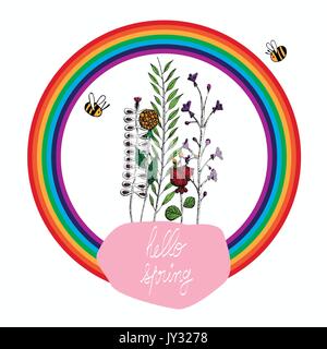 Vector illustration d'un bouquet de fleurs à la main et les abeilles de forme plate et ronde avec un arc-en-ciel rose une affiche avec l'inscription bonjour printemps Illustration de Vecteur