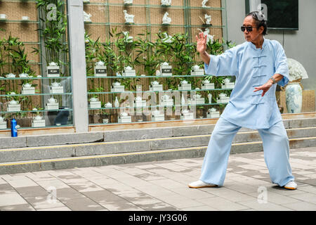 Un Chinois en chinois traditionnel à la pratique du Tai Ji vinaigrette Yu Yuan Tan park à Pékin, Chine Banque D'Images