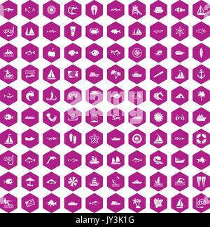 100 icônes mer violet hexagonale Illustration de Vecteur