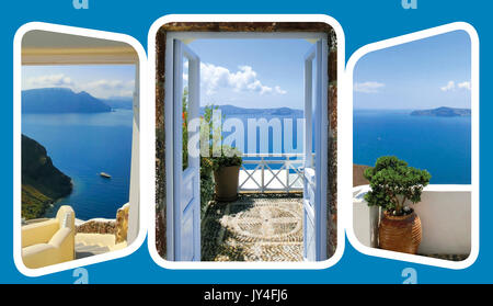 Ouvrir la porte et l'escalier, menant à la mer. définir des vues à Oia, Santorin, Grèce Banque D'Images