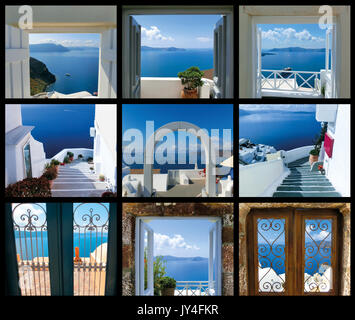 Ouvrir la porte et l'escalier, menant à la mer. définir des vues à Oia, Santorin, Grèce Banque D'Images