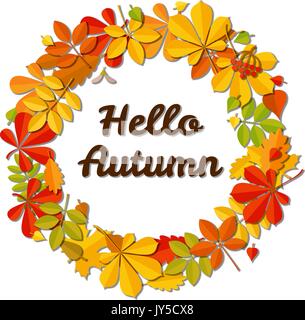 Automne feuille tombante et couronne d'automne Bonjour texte isolé sur fond blanc. Illustration de Vecteur