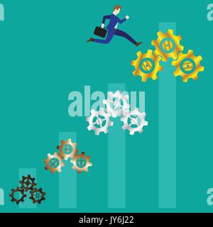 Un homme d'affaires est fortement sauter de haut de Rusty, le bronze, l'argent à l'or rouages respectivement avec barre graphique comme arrière-plan. Illustration de Vecteur