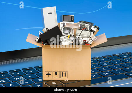 Magasinage en ligne concept, boîte en carton plein d'électroménager sur clavier d'ordinateur portable, 3D Rendering Banque D'Images