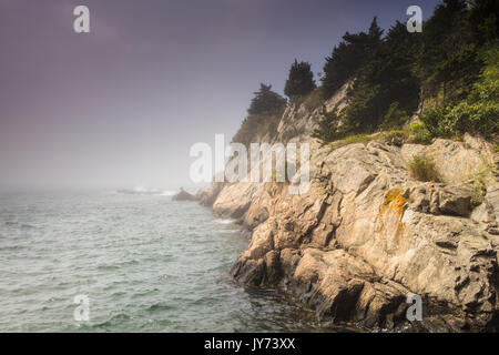 Le brouillard enveloppe la falaises rocheuses à Fort Wetherill à Jamestown, RHODE ISLAND. Banque D'Images
