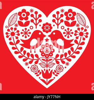 Valentine's Day folk avec des oiseaux et fleurs - en forme de Cœur inspiré finlandais background - Scandinavian style nordique, sur un vecteur backgrou rouge Illustration de Vecteur