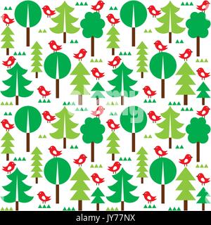 Inspiré de l'art folklorique finlandaise seamless pattern - Scandinavian style nordique, Vector background d'arbres et d'oiseaux sur fond blanc Illustration de Vecteur