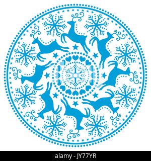 L'hiver, de noël motif rond avec des rennes - folk art rétro style bleu style fond de Noël avec rennes, étoiles, flocons, coeurs on white Illustration de Vecteur