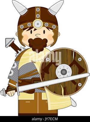Cartoon guerrier viking scandinave avec l'épée et le bouclier Vector Illustration Illustration de Vecteur