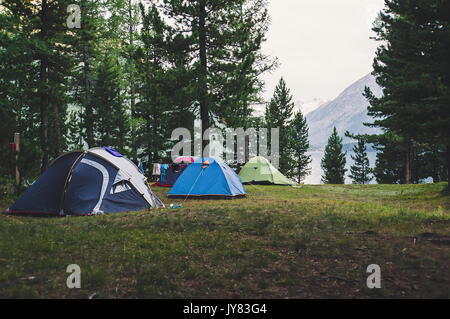 Un certain nombre de tentes debout sur une prairie dans les bois sur un fond de lac et montagnes. Camping dans la forêt de pins Banque D'Images