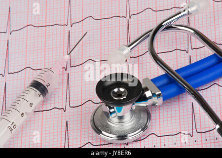 Close up d'un électrocardiographe aussi connu comme un ECG ou électrocardiogramme graphique avec un stéthoscope et seringue Banque D'Images