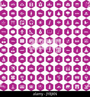 100 icônes monde violet hexagonale Illustration de Vecteur