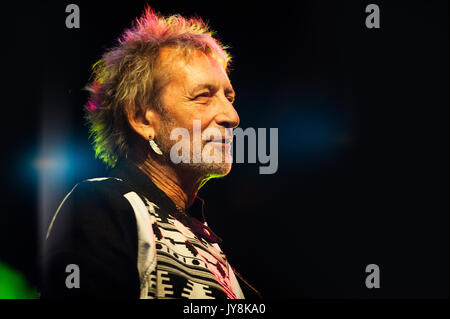 San Pellegrino Terme, Italie -13 août 2017 : Vasco Rossi le bassiste Claudio Golinelli pendant un concert spectacle en plein air Banque D'Images