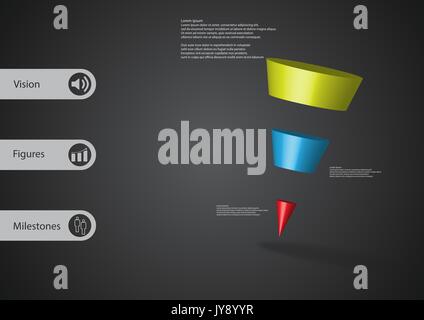 Illustration infographie 3D modèle avec motif de triangle cône incliné horizontalement divisé à trois tranches couleur avec simple signe et le texte sur le côté Illustration de Vecteur