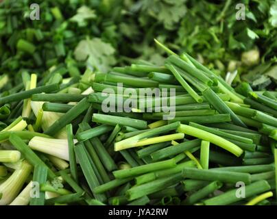 Oignons verts coupés en dés sont utilisés dans les soupes, nouilles et plats de fruits de mer, ainsi que des sandwiches, currys ou dans le cadre d'un sauté. Banque D'Images