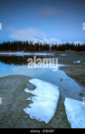 Le dégel du printemps fait fondre la glace tandis que woods se reflètent dans le lac Palù Zone Val Malenco de Sondrio Lombardie Valtellina Italie Europe Banque D'Images