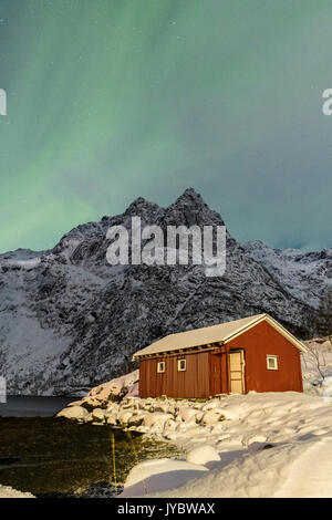 Le Nord s'allument des sommets enneigés et le chalet en bois par une nuit étoilée à Budalen Svolvaer Lofoten, Norvège Europe Banque D'Images