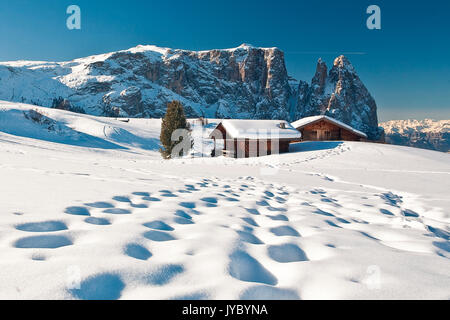 Huttes traditionnelles des Dolomites après un hiver de neige donnent sur le paysage du Groupe Sciliar. Siusi. Dolomites occidentales. Trentin-haut-Adige. Il Banque D'Images