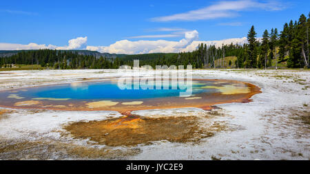 Paysage de la beauté extérieure dans la partie supérieure du bassin du geyser de parc national de Yellowstone. Il est relié à la piscine chromatique à proximité. Banque D'Images