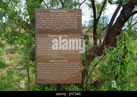 Ferme Otjihaémaparero (parcours des dinosaures de la ferme): Panneau d'information sur les traces de dinosaures pétrifiés sur les terres agricoles, district d'Otjiwarongo, Namibie Banque D'Images