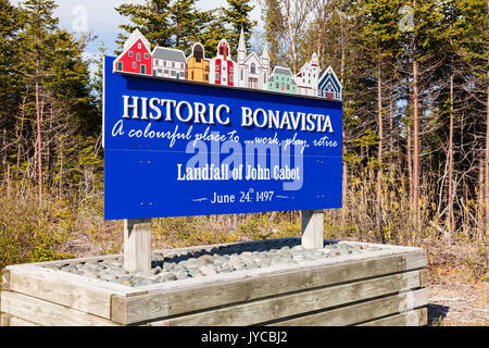La passerelle signe ou signe de bienvenue de Bonavista dans la péninsule Bonavista, Terre-Neuve et Labrador, Canada. Banque D'Images