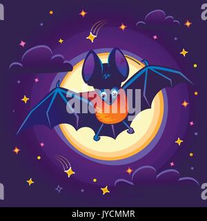 L'illustration pour les enfants d'un bat l'arrière-plan de la lune dans le ciel nocturne Illustration de Vecteur