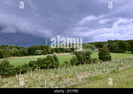 Dark thunder clouds over farmland Banque D'Images