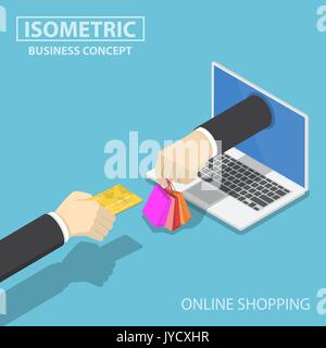 Télévision 3D isométrique main homme d'utiliser une carte de crédit pour des achats en ligne. E-commerce et les achats en ligne concept. Illustration de Vecteur
