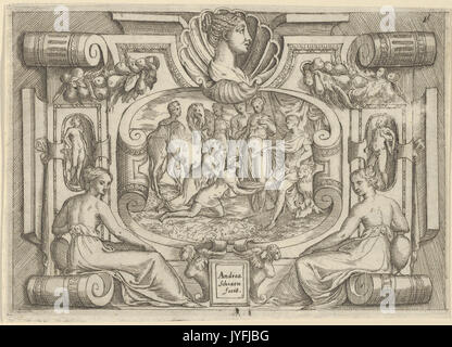 Un homme et une femme s'offrant un plateau de pièces pour un roi assis sur un trône, fixées dans un cadre complexe rencontré DP842069 Banque D'Images