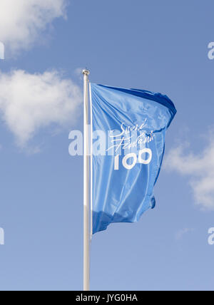 Naantali, Finlande - le 3 août 2017. Les drapeaux pour la célébration des 100 ans d'abord Finlands vague dans le vent sous le soleil d'été dans l'EC Banque D'Images