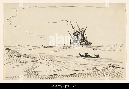 Une tempête en mer avec un gros navire, un petit bateau à deux chiffres rencontré DP857012 Banque D'Images