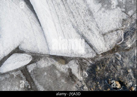 Mares gelées avec feuilles congelés dans la glace feuille de production de motifs et d'images abstraites, avec des plaques de glace parties Banque D'Images