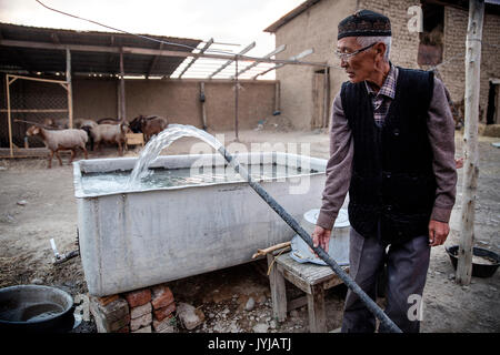 Un berger remplit un réservoir d'eau qu'il utilise pour ses animaux dans le village de Lyaily près de Beshkent, le Kirghizistan. L'eau potable locale est vulnérable à la contamination par des bactéries qui causent l'hépatite et d'autres maladies transmises par l'eau. Les gens espèrent et planification de l'infrastructure visant à apporter de l'eau propre dans leurs maisons. Dans les villages à travers le Kirghizistan (Asie centrale) les systèmes de distribution d'eau vétustes et de l'infrastructure est la cause de problèmes de santé tels que des éclosions d'hépatite et de maladies gastro-intestinales, en particulier chez les enfants. Banque D'Images