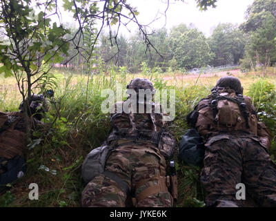 Marines à partir de la 4e Bam et les soldats de la 654e mis en embuscade pour l'OPFOR. L'abondance de moustiques, l'herbe, le vent, et la pluie, mais pas de l'OPFOR sur cette embuscade. Banque D'Images