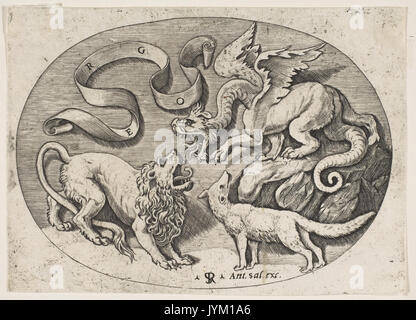 Un lion, dragon et fox lutter les uns contre les autres, une banderole inscrite ci-dessus, une composition ovale rencontré DP818727 Banque D'Images