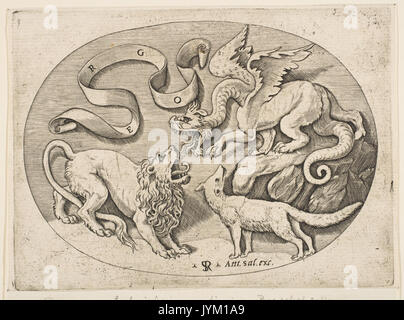 Un lion, dragon et fox lutter les uns contre les autres, une banderole inscrite ci-dessus, une composition ovale rencontré DP818731 Banque D'Images