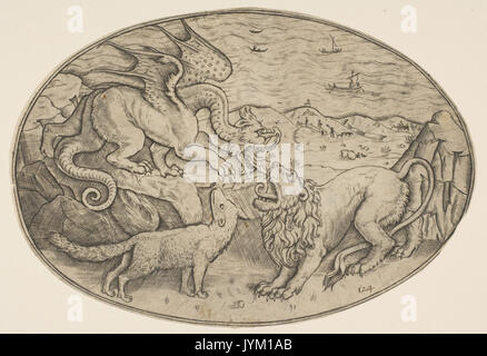 Un lion, dragon et fox lutter les uns contre les autres, des bateaux sur la mer en arrière-plan, une composition ovale rencontré DP818728 Banque D'Images