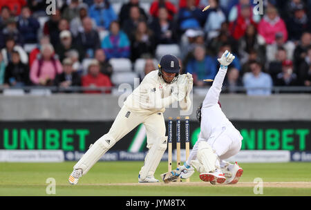 West Indies Jermaine Blackwood est perplée par Jonny Bairstow en Angleterre lors du troisième jour du premier match d'essai d'Investec à Edgbaston, Birmingham. APPUYEZ SUR ASSOCIATION photo. Date de la photo: Samedi 19 août 2017. Voir PA Story CRICKET England. Le crédit photo devrait se lire comme suit : David Davies/PA Wire. Banque D'Images