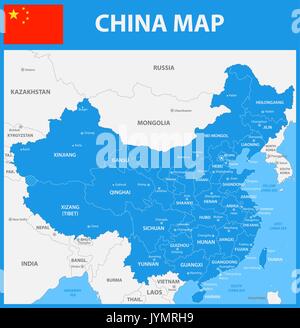 La carte détaillée de la Chine avec les régions ou États et villes, capitales. Illustration de Vecteur