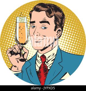 Homme agréable avec un verre de champagne mousseux. Icône avatar ronde symbole de droit. Pop art retro vector illustration Illustration de Vecteur