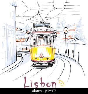 Tram 28 jaune dans Alfama, Lisbonne, Portugal Illustration de Vecteur