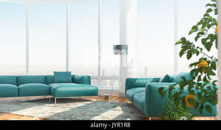 Salon moderne avec une vue imprenable, un rendu 3d illustration Banque D'Images
