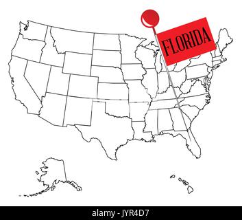 Carte contour des USA avec un bouton pin dans l'état de Floride Illustration de Vecteur