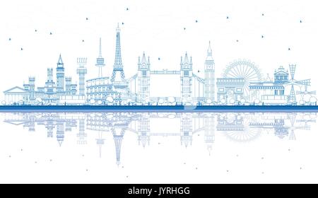 Aperçu des sites célèbres en Europe avec des réflexions. Vector Illustration. Les voyages d'affaires et tourisme Concept. Droit de présentation, bannière, un placard Illustration de Vecteur