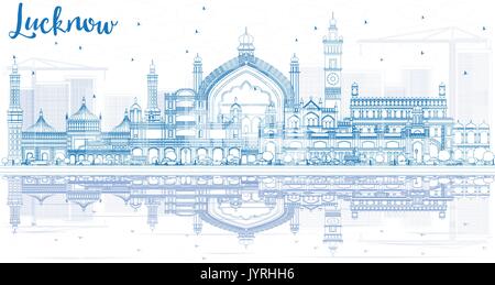 Lucknow contour bleu horizon avec bâtiments et réflexions. vector illustration. Les voyages d'affaires et tourisme concept avec l'architecture moderne. Illustration de Vecteur